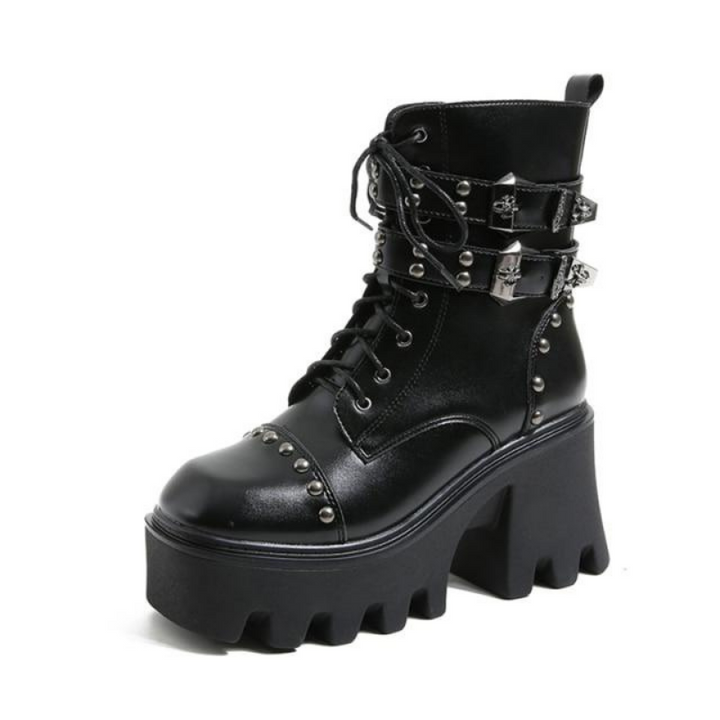 Women's edgy gothic platform ankle boots with chunky heel. Perfect for alternative fashion & comfort.