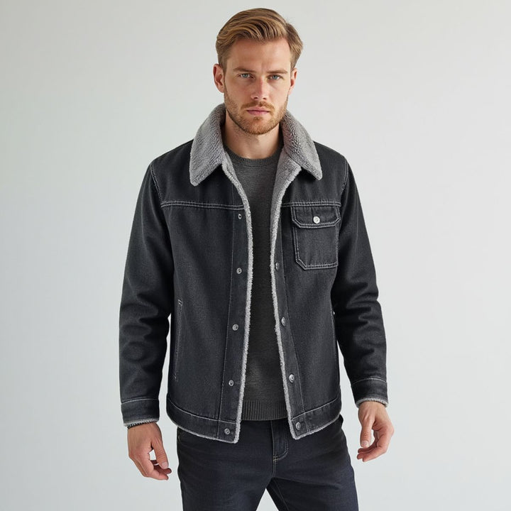 Classic blue denim jacket, an essential unisex piece for casual fall and spring fashion.