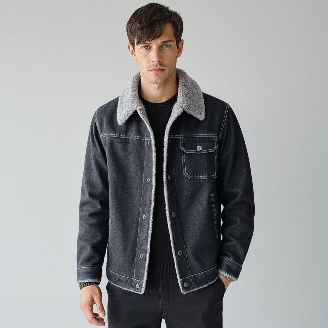 Black denim jacket, a timeless unisex trucker style for warmth and casual wear.