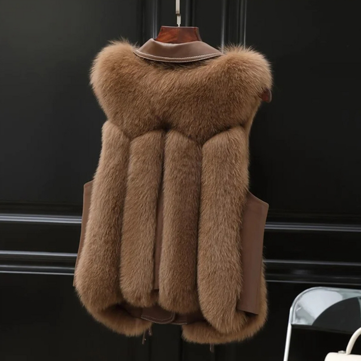 Espresso deep brown chic women's vest, a glamorous layering gilet. Perfect sleeveless jacket for winter elegance.