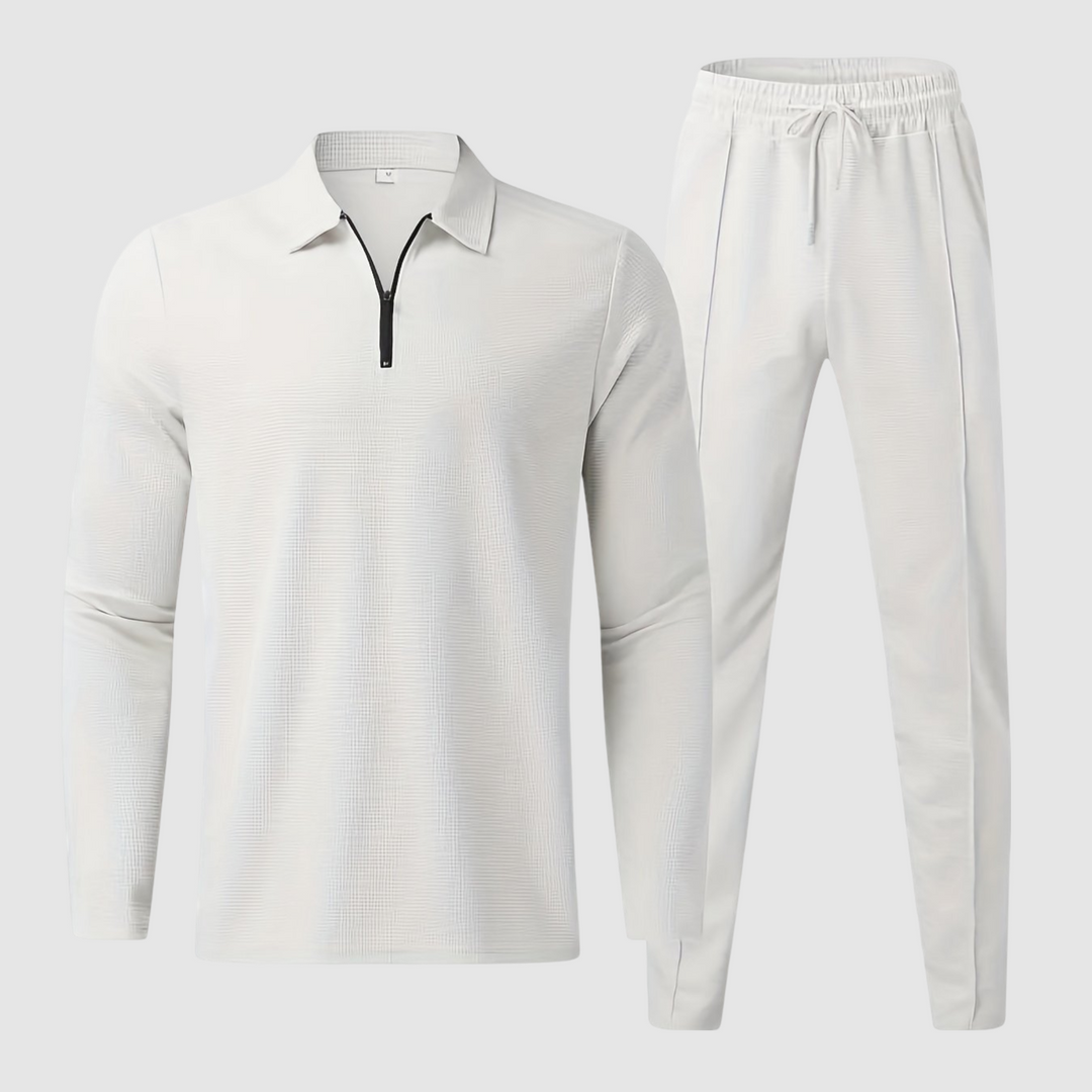 Stylish men's textured drawstring joggers and matching sweatshirt. Essential comfortable athleisure wear for him.