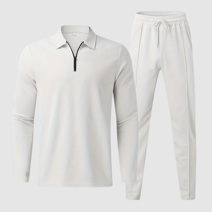 Stylish men's textured drawstring joggers and matching sweatshirt. Essential comfortable athleisure wear for him.
