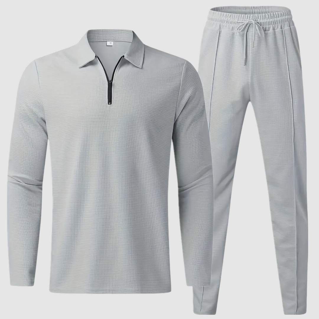 Matching men's textured loungewear set. Includes a cozy sweatshirt & practical drawstring joggers for comfort.