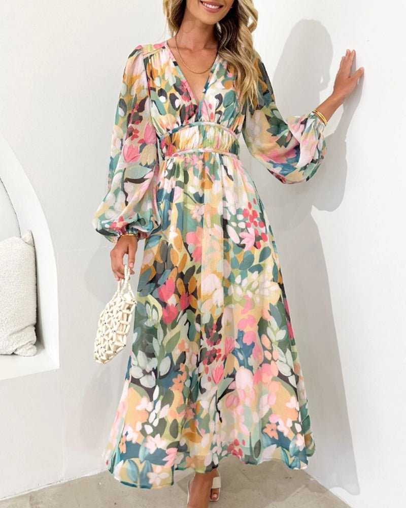 Romantic floral V-neck midi dress for women featuring chic puff sleeves, ideal for elegant occasions & parties.
