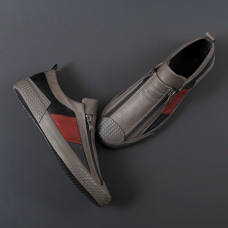 Trendy men's fashion sneakers in a modern color block pattern, cushioned for comfort.