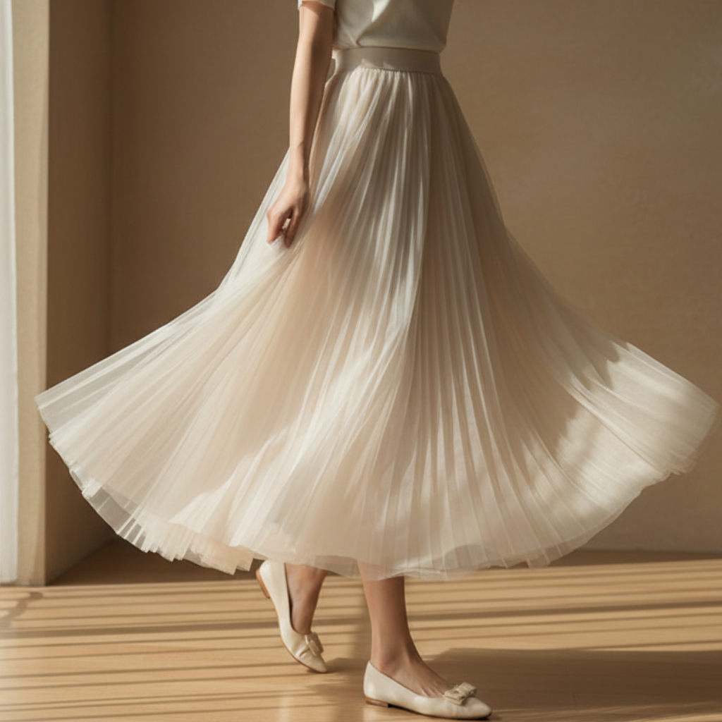 Comfortable women's A-line flowy pleated midi skirt, high waist, elegant for summer parties and casual occasions.