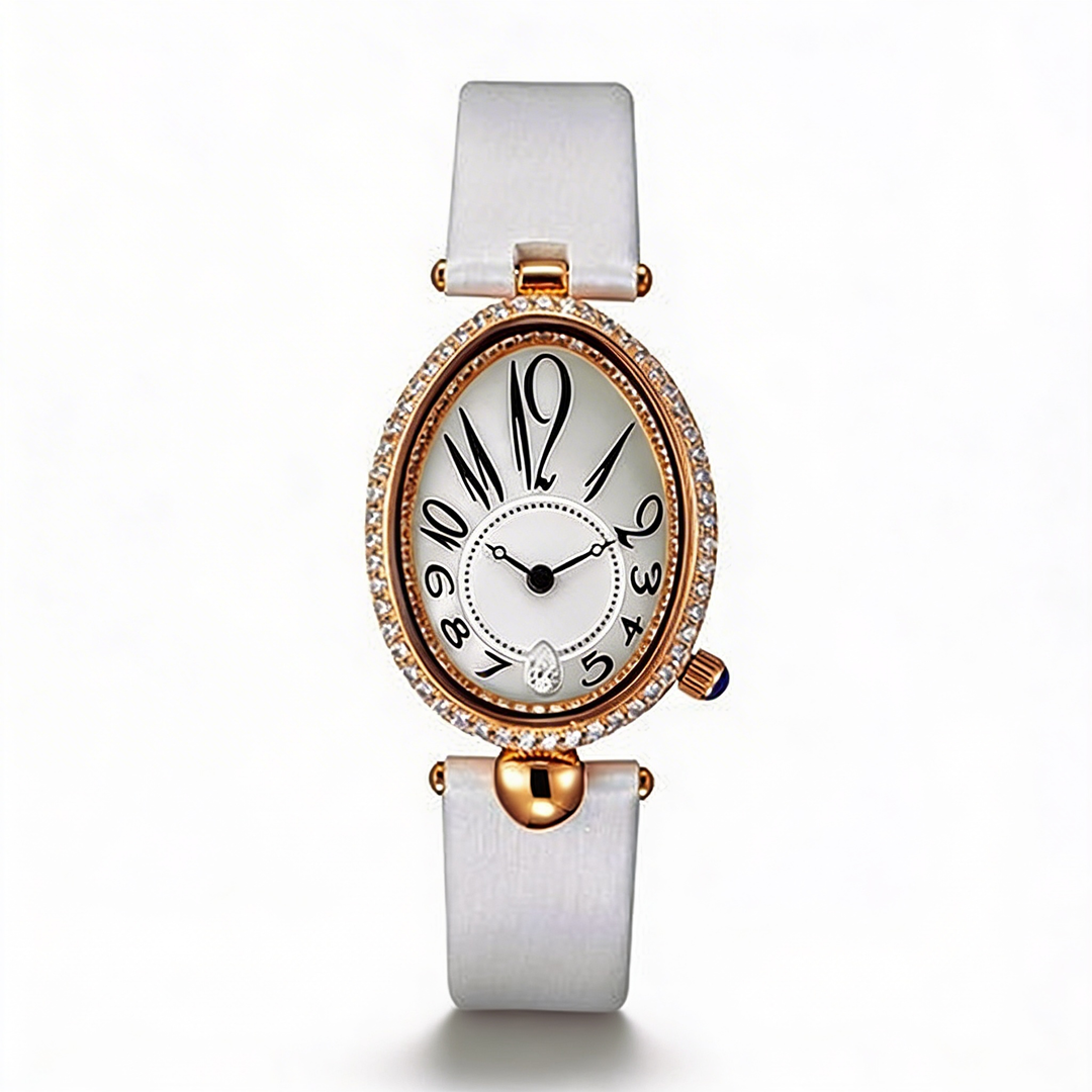 Woman wearing an elegant oval dial watch with a black leather strap, perfect for a sophisticated everyday look.