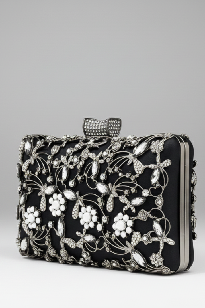 Luxury embroidered evening clutch for women, featuring dazzling decorative stones & an optional shoulder chain.