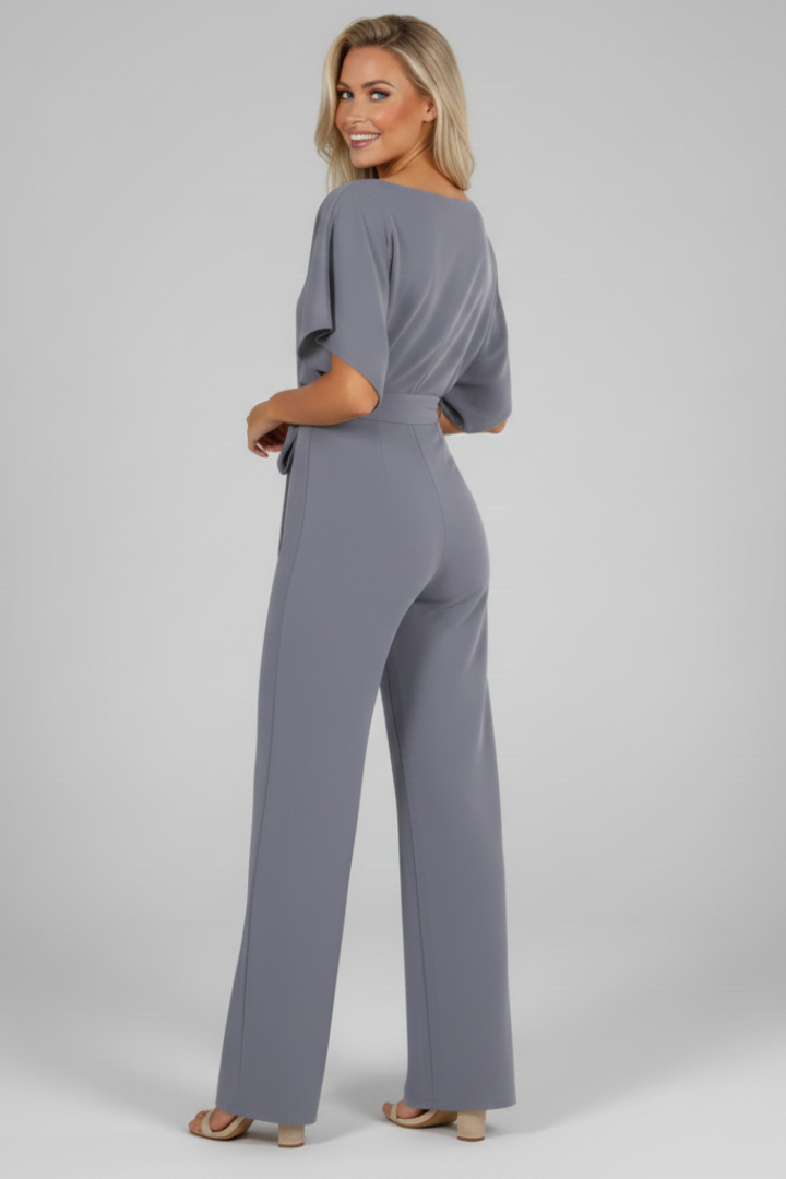 Comfortable women's short sleeve jumpsuit with a stylish waist tie. Perfect for everyday chic, casual elegance, and fashion.