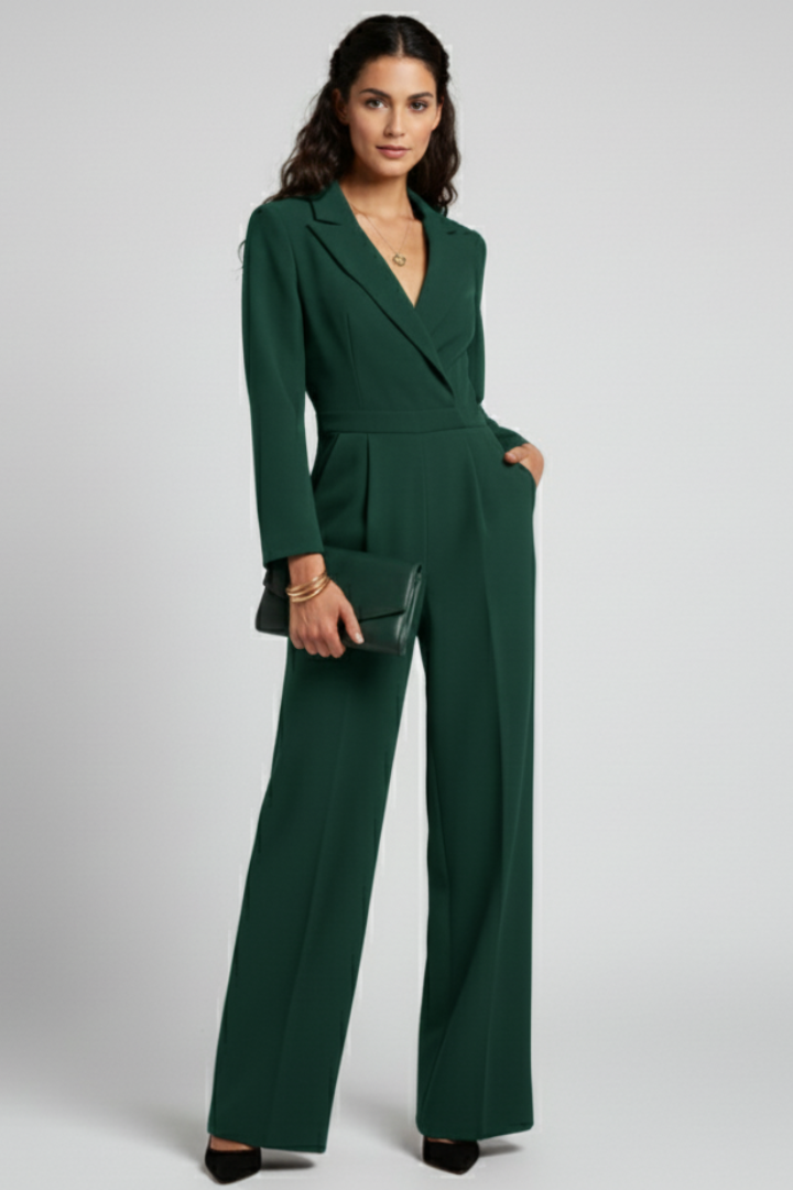 Fashion-forward women's elegant jumpsuit, featuring a graceful wrap front and flowy wide-leg pants.
