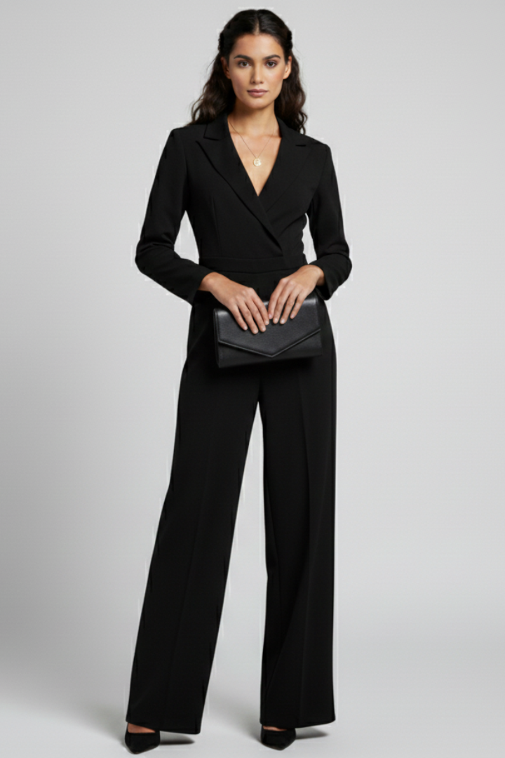 Women's elegant clothing: a stylish wrap front jumpsuit with comfortable and flattering wide legs.