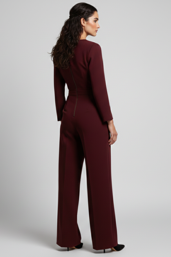 Chic women's jumpsuit with a sophisticated wrap front bodice and fashionable wide-leg silhouette.