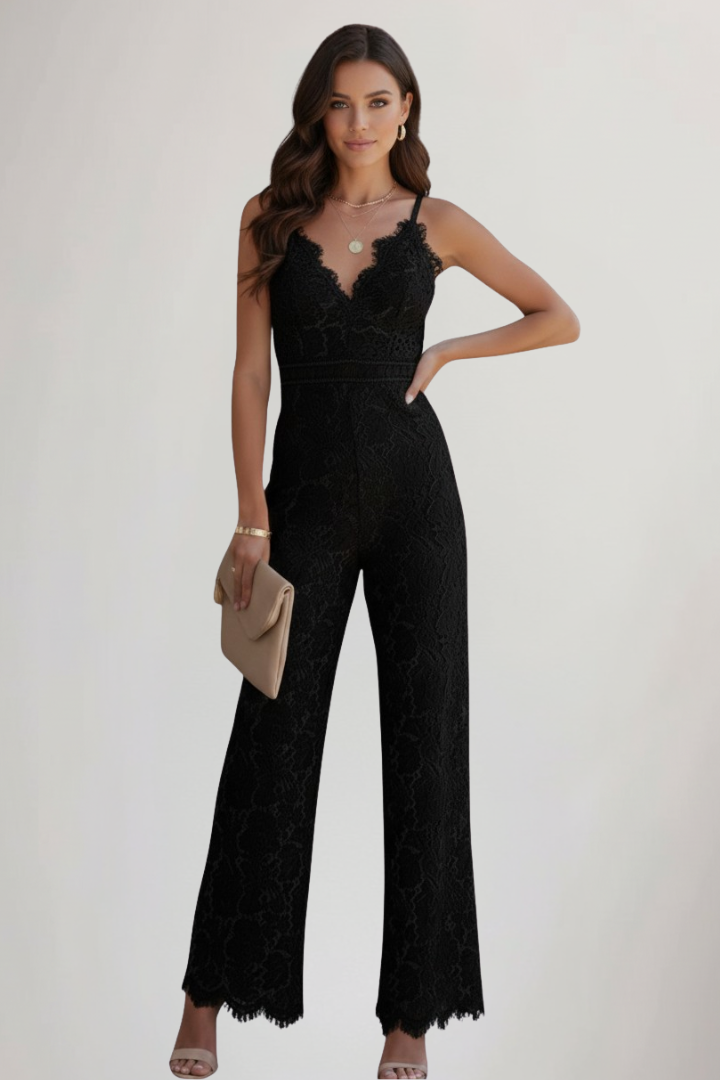 Women's chic V-neck jumpsuit, sleeveless with a straight leg. Elegant and stylish for parties & evening wear.