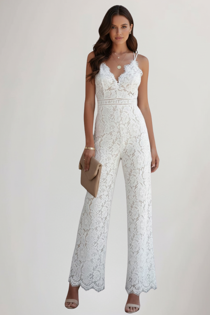 Chic women's V-neck jumpsuit. Stylish sleeveless design & straight leg. Versatile for elegant party wear.