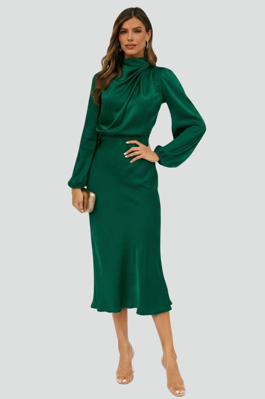 Flattering modest midi dress with a high neck & long sleeves for elegant women's fashion.