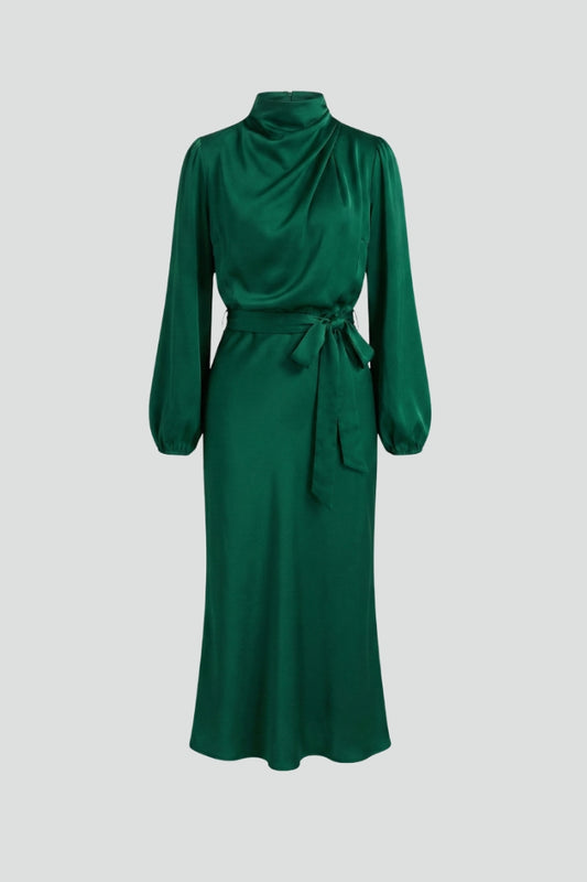 Elegant women's high neck long sleeve midi dress, perfect for fall and winter events.