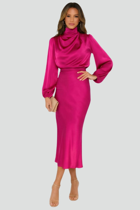 Graceful women's high neck long sleeve midi dress, offering versatile elegance & comfort.