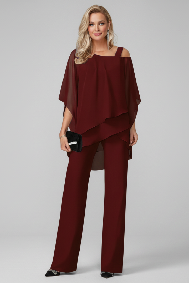 Modern women's off-shoulder two-piece set with a flattering silhouette and straight leg trousers.