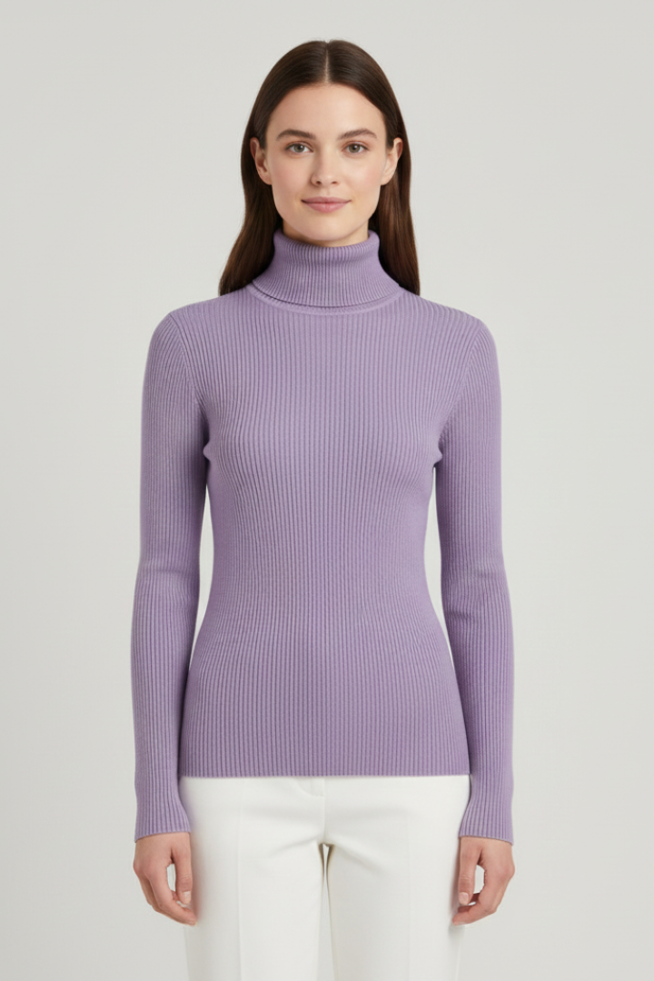 Women's elegant high neck ribbed knit sweater, a timeless layering piece for all seasons.