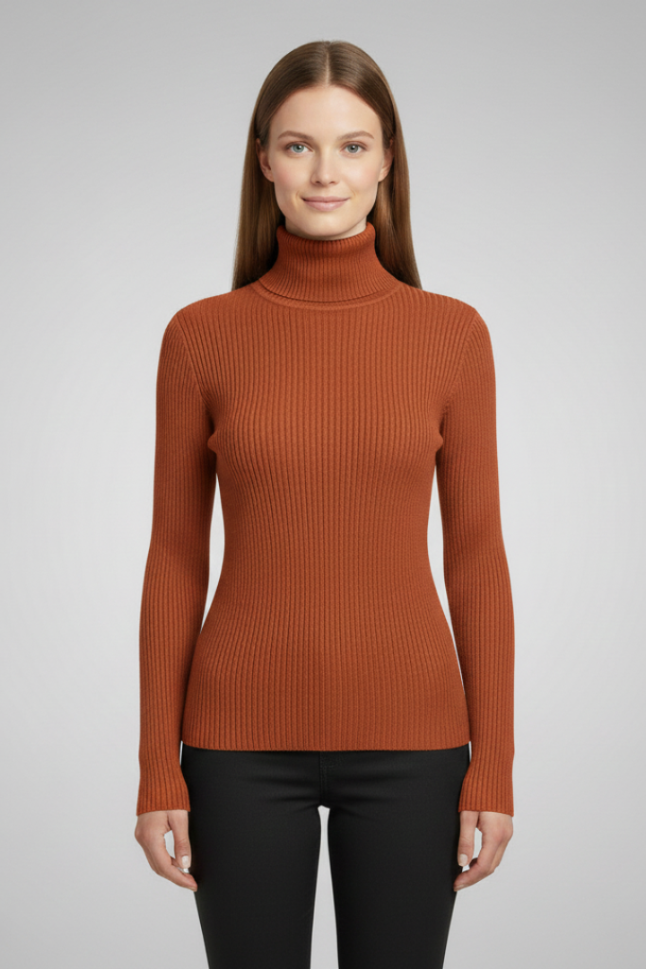Women's high neck ribbed knit sweater, light blue, a fresh take on elegant layering.