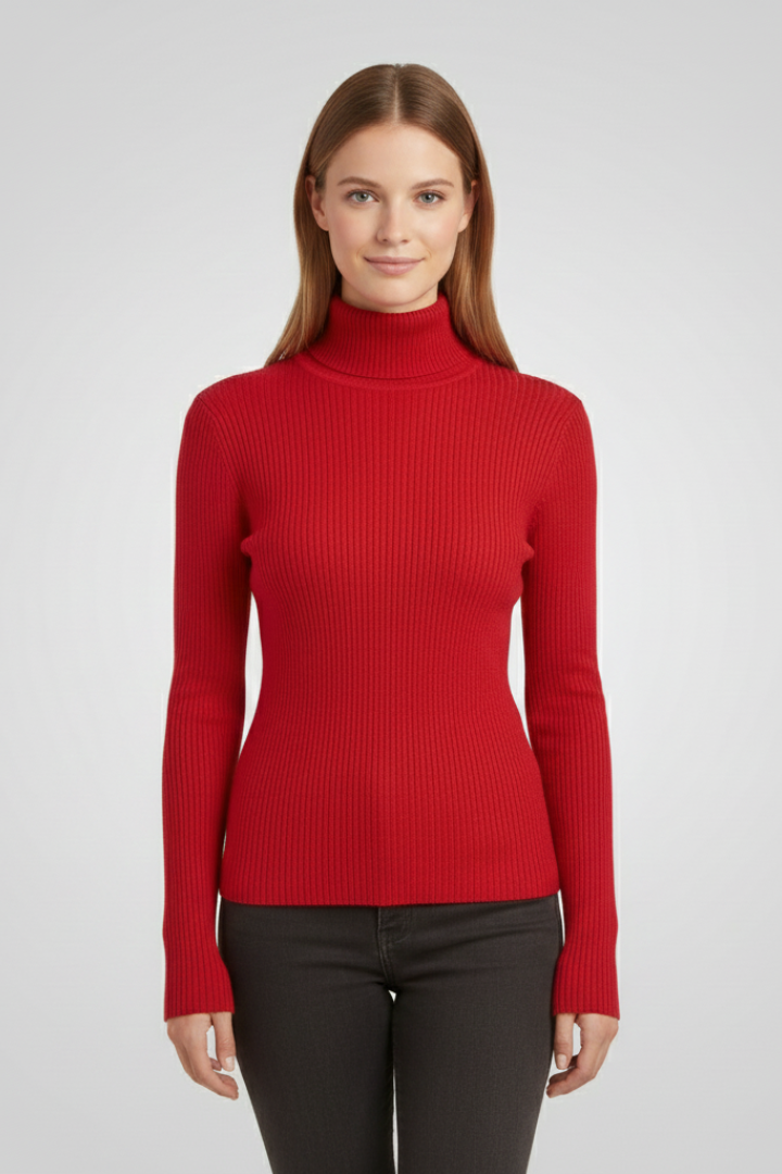 Stylish women's high neck ribbed sweater in deep blue, a cozy knit top for versatile layering.