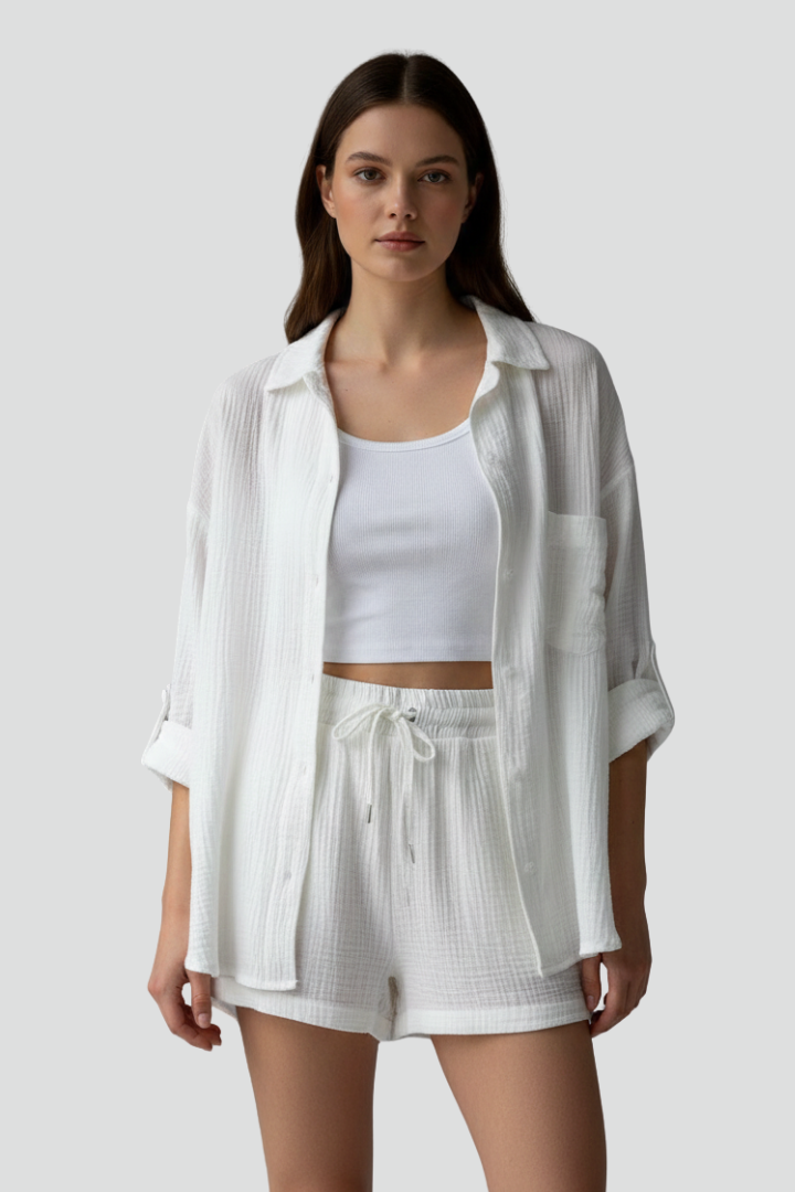 Comfy women's relaxed fit two-piece lounge set, including a long sleeve shirt and matching shorts.