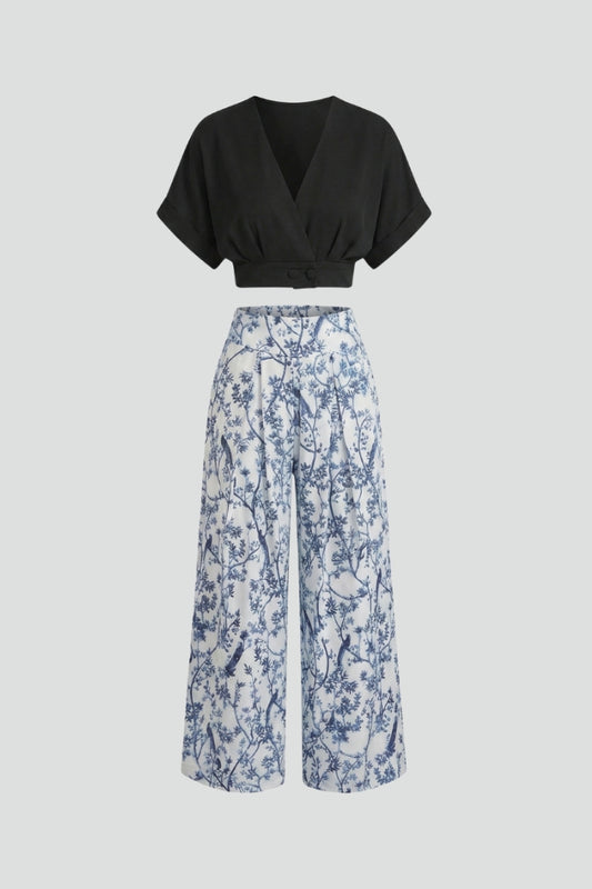 Women's V-neck two-piece set with wide leg trousers, perfect for a casual chic look.