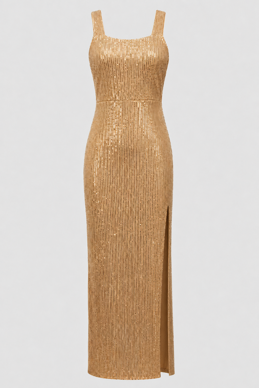 Women's gold sleeveless maxi dress featuring a square neck and elegant vertical pattern, perfect for evening wear.