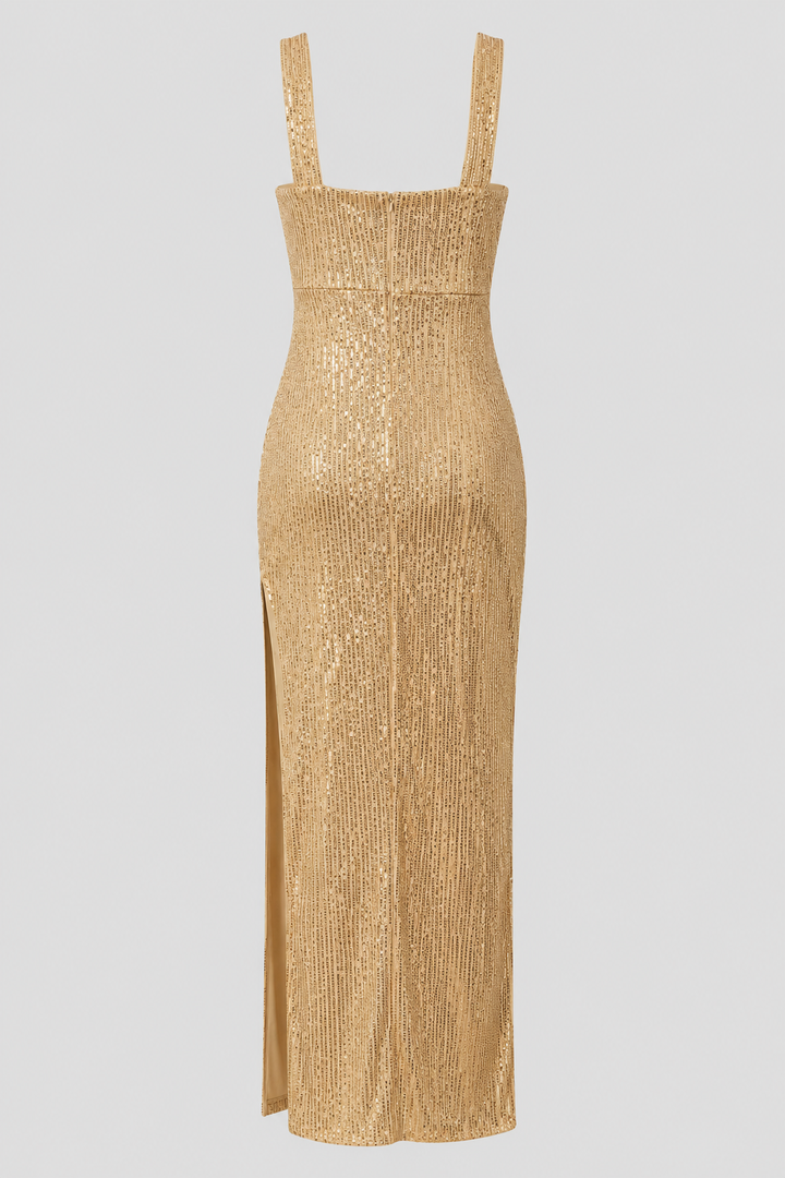 Elegant women's long gold dress with a flattering square neck and stylish vertical pattern, ideal for special events.