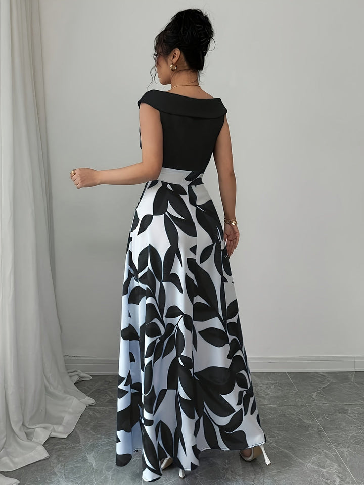 Stylish women's wedding guest dress; long A-line silhouette with flattering V-neck, perfect evening wear.