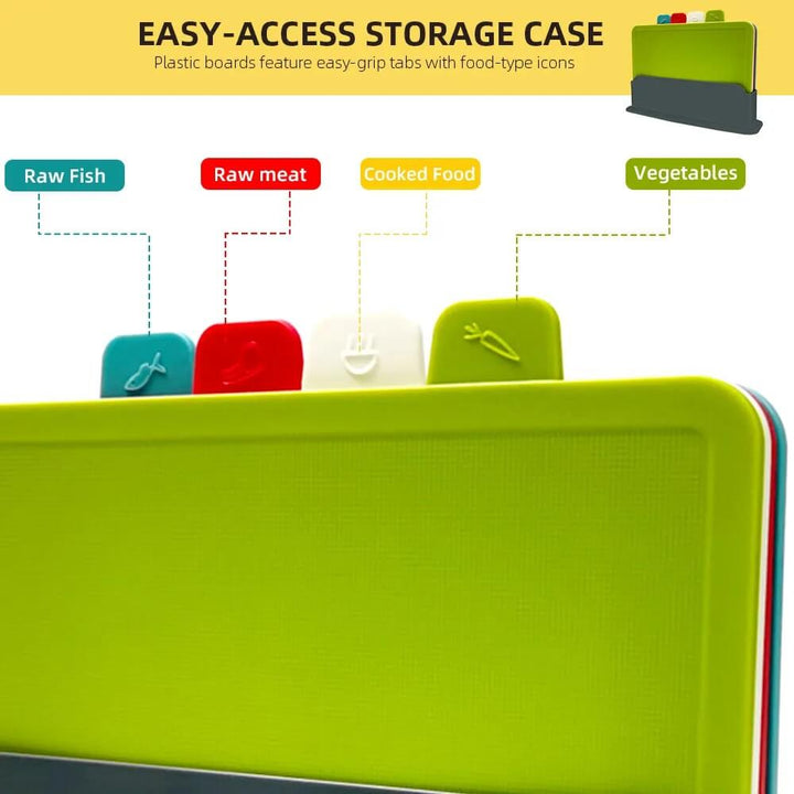 4er Schneidebrett-Set mit Halter & Lebensmittel-Icons