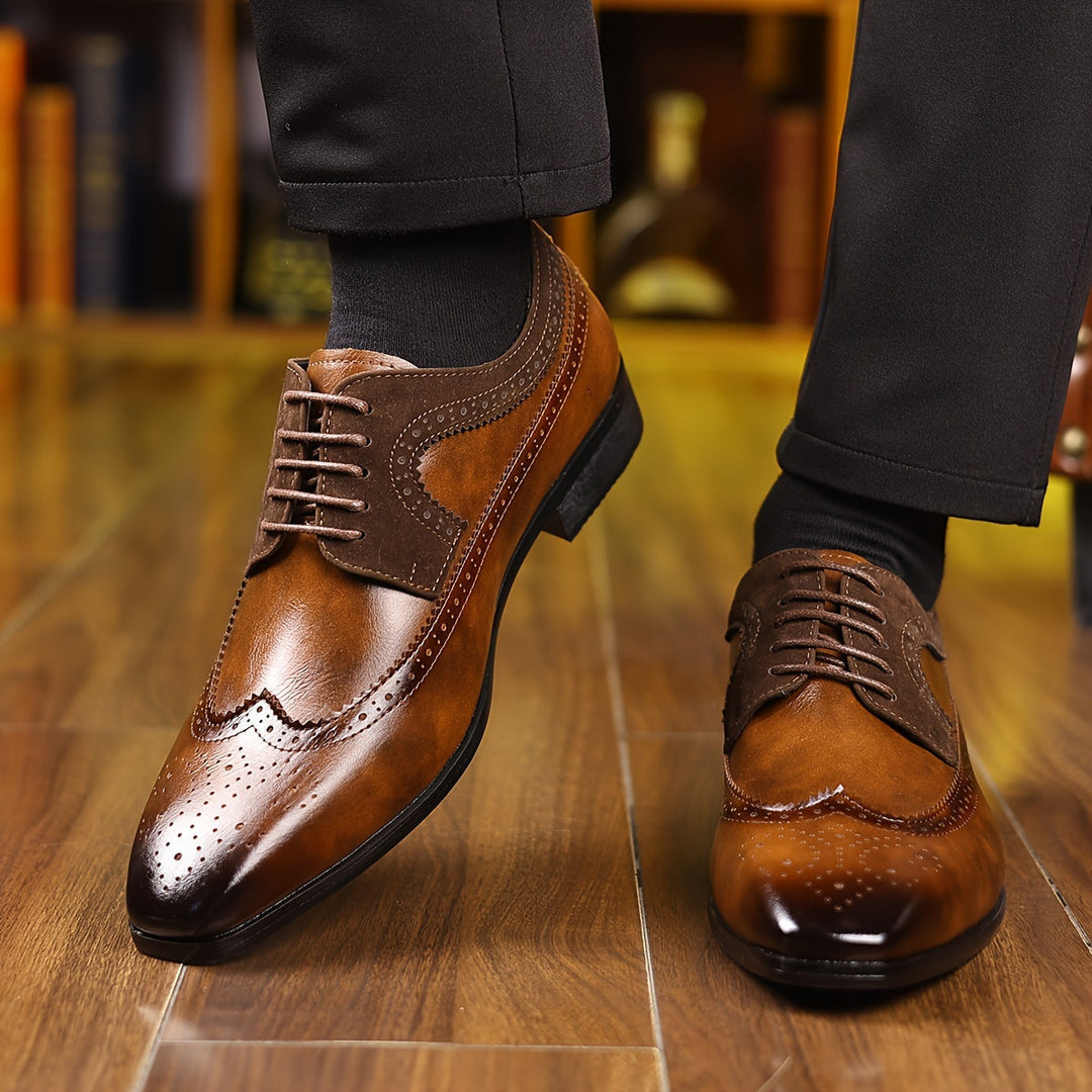 Men's classic leather Oxford brogue dress shoes, versatile for professional, formal, & special occasions.