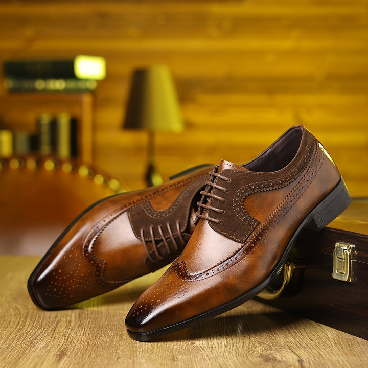 Elegant men's brown leather Oxford brogue shoes, perfect for weddings & professional business attire.