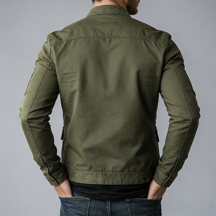 Green men's mid-season jacket featuring a stand collar, full zipper, and practical pockets for casual wear.