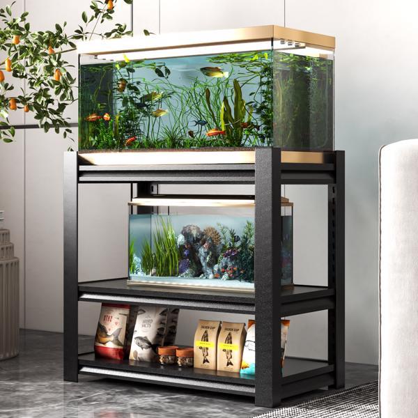 Adjustable 3-tier black steel aquarium stand for 40-50 gallon fish tanks, heavy-duty pet supplies