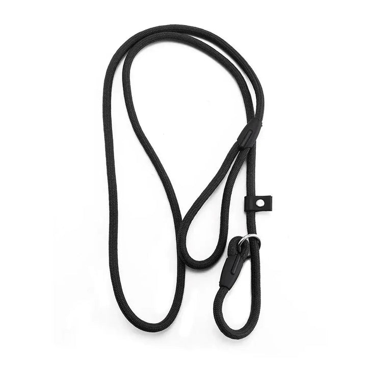 Close-up of an adjustable black nylon slip dog leash showing the durable material, great for training & walks.