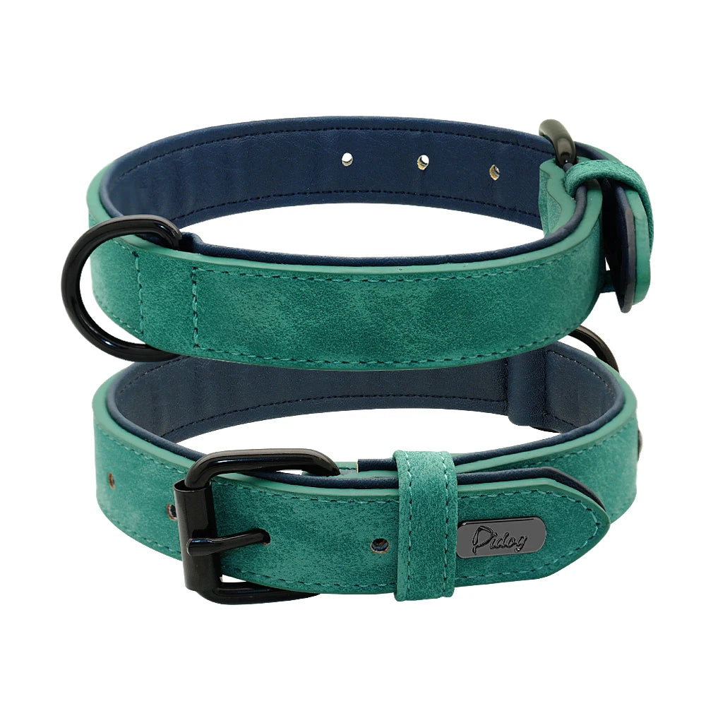 Stylish large dog collar, dark brown leather, adjustable and padded for ultimate comfort