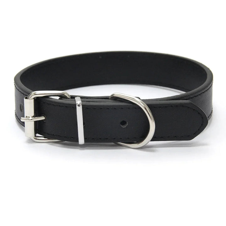 Padded blue PU leather dog collar, adjustable and durable, comfortable pet supplies.