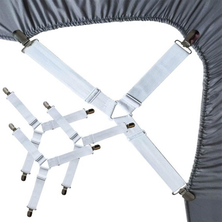 Adjustable non-slip elastic bed sheet straps with metal clips, keeping bedding tidy and secure