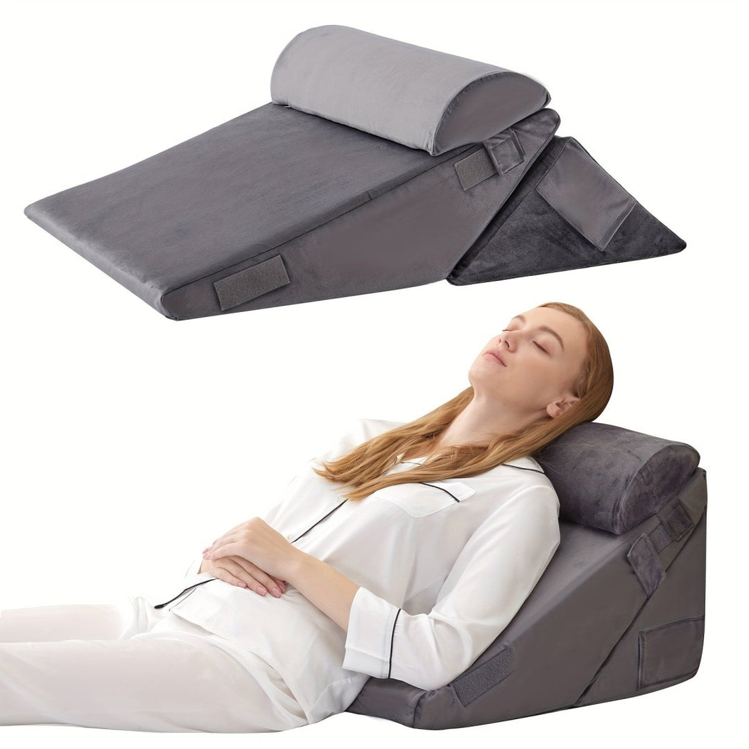 Multi-position adjustable wedge pillow for superior back and leg support, promoting therapeutic comfort.