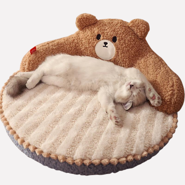 Adorable bear-shaped plush pet bed, cozy and warm for cats or small dogs, in a soft brown color.