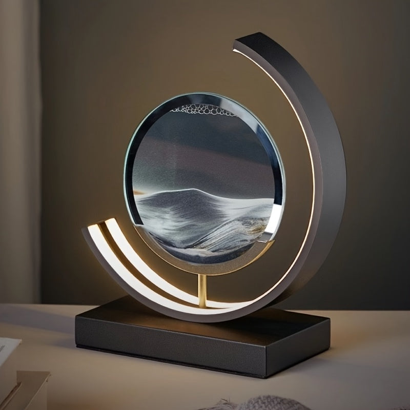 Decorative LED hourglass lamp with illuminated flowing sand art, adds unique charm to any space.