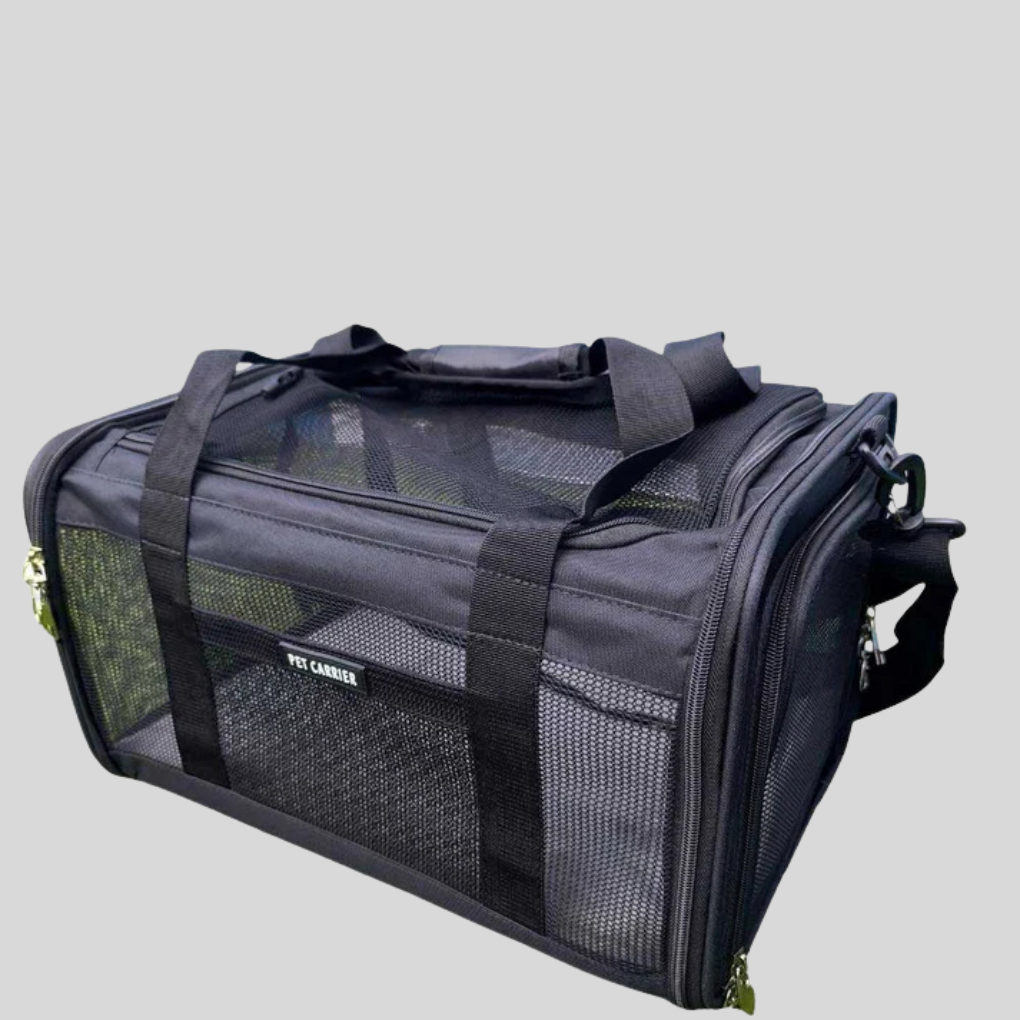 Airline approved pet carrier bag for small dogs & cats, black, soft-sided & breathable, for air travel