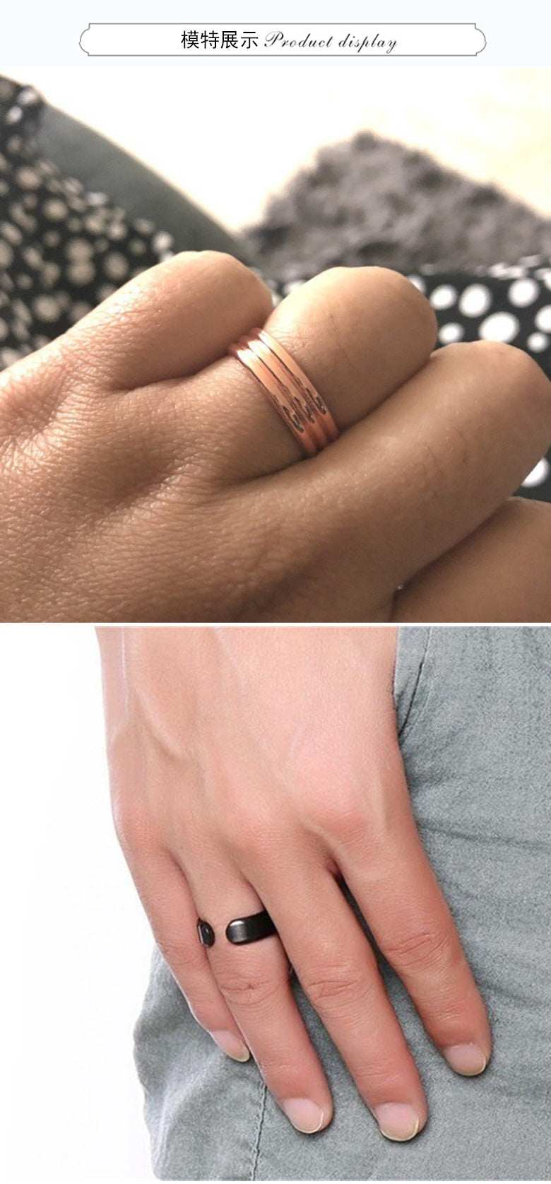 "Anti-Schnarch-Ring mit Magnetischer Therapie aus Edelstahl, offen vorne, in Farben Gold, Schwarz, Roségold, Silber."
