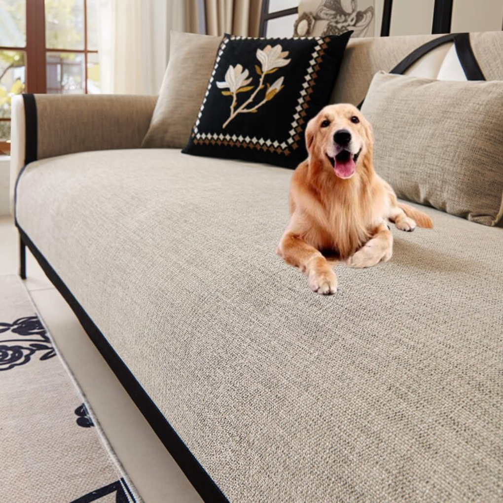 Close-up of an anti-slip sectional sofa cover showcasing its tassel decor and stretch fabric.