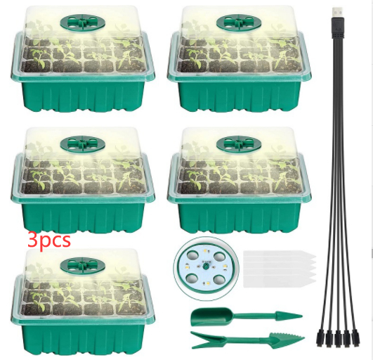 "Anzuchtset mit LED-Licht, ideal für Pflanzenzucht zuhause, zeigt blühende Setzlinge unter heller Beleuchtung."