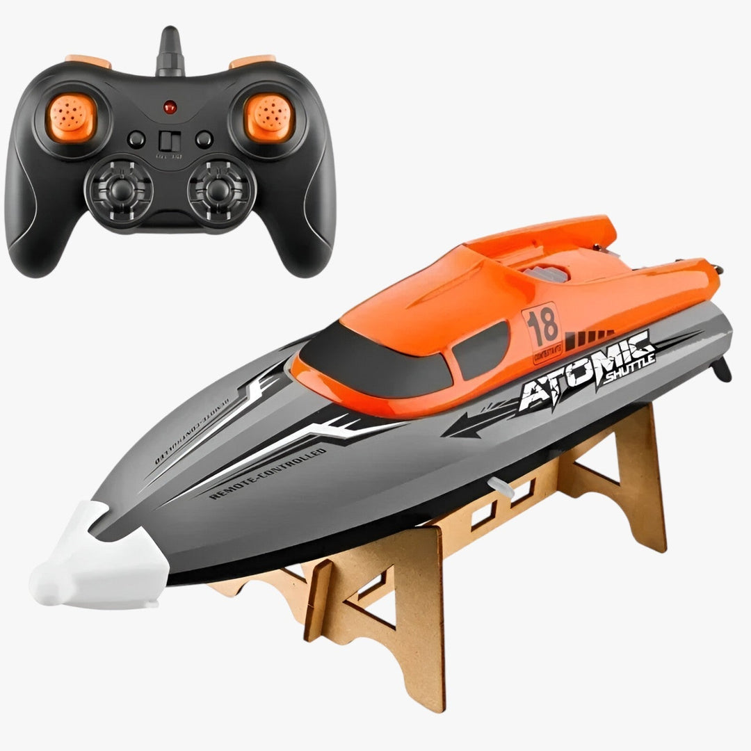 "AquaX RC Rennboot, orange-grün, mit Wasserkühlung und präziser Fernsteuerung, ideal für Wasserrennen, robuste Bauweise."