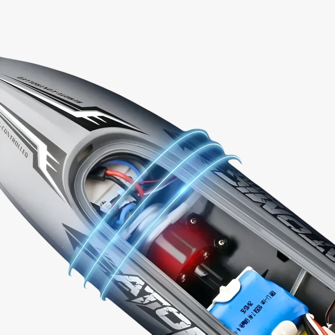 "AquaX RC Rennboot, orange-grün, mit Wasserkühlung und präziser Fernsteuerung, ideal für Wasserrennen, robuste Bauweise."