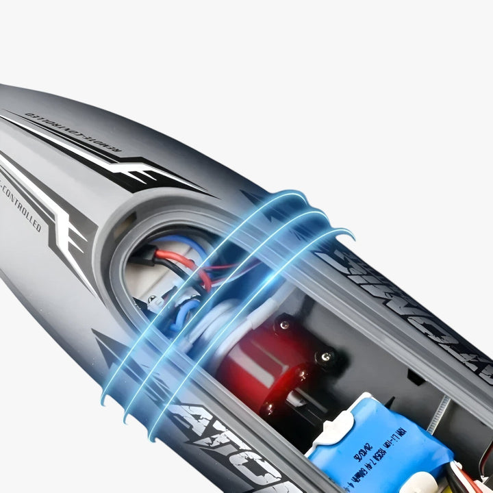 "AquaX RC Rennboot, orange-grün, mit Wasserkühlung und präziser Fernsteuerung, ideal für Wasserrennen, robuste Bauweise."