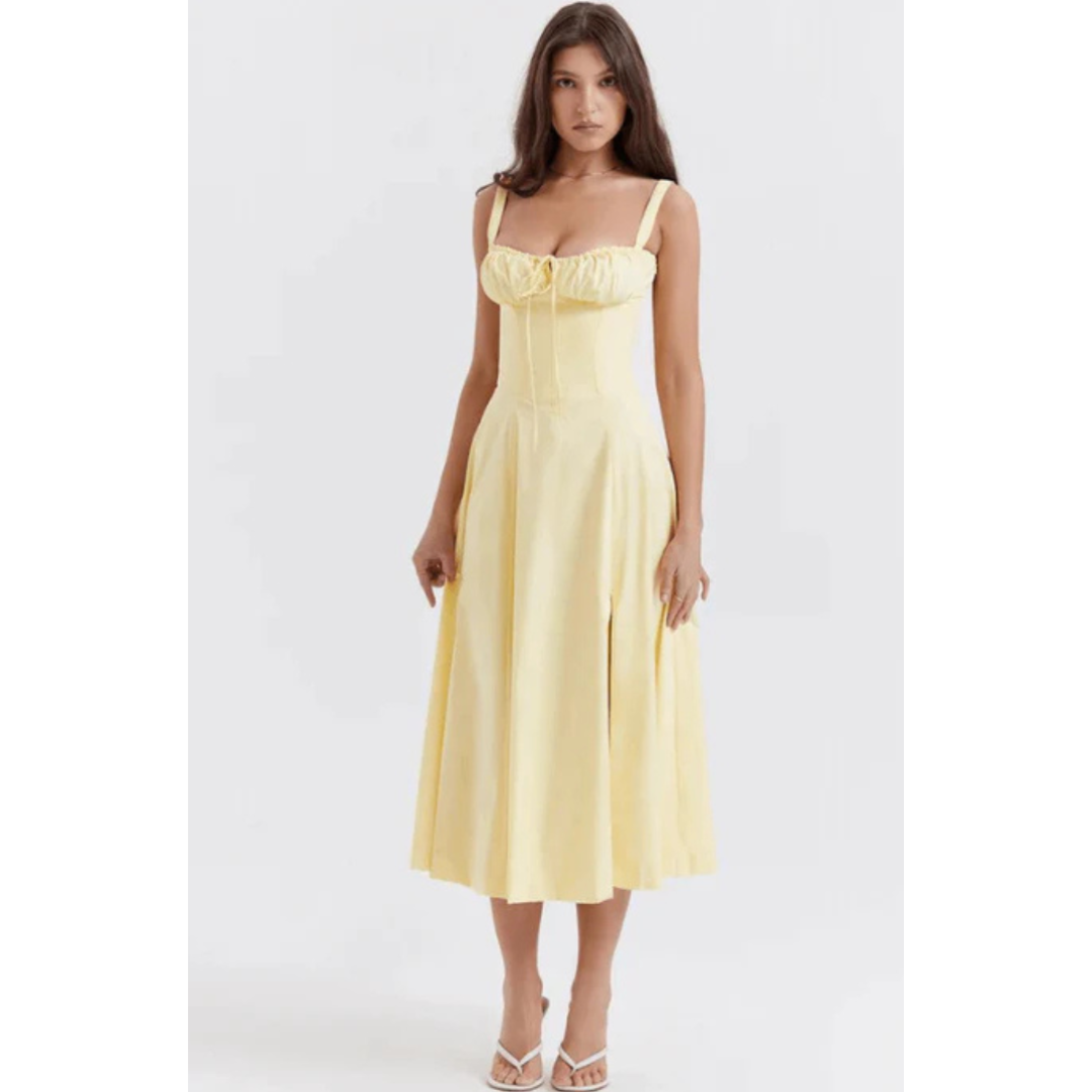Ärmelloses Sommerkleid mit Sweetheart-Ausschnitt, eleganter Midi-Schnitt, tailliertes Design für feminine Silhouette.